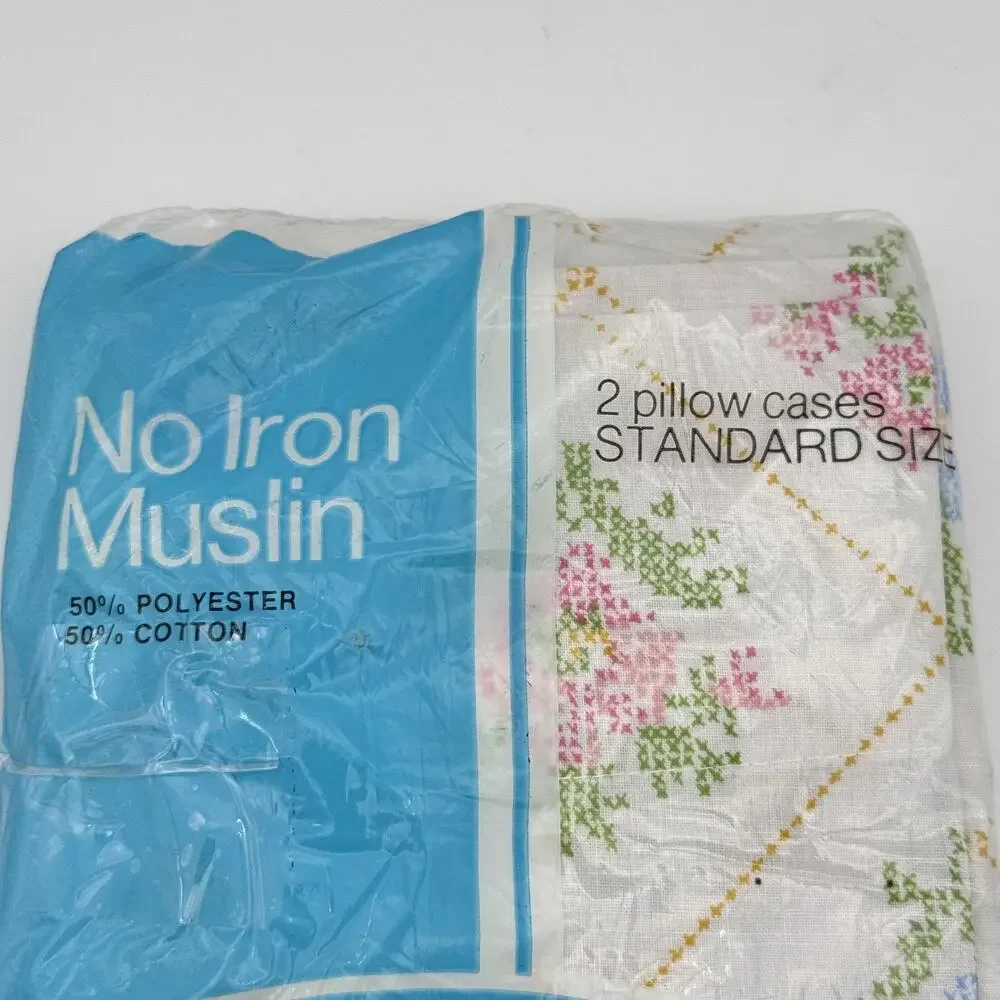 Vintage JCPenney Pillowcases Floral Cross Stitch Print Standard Set Of 2 No Iron